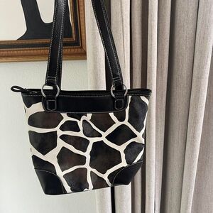 Mondo Giraffe Print Faux Leather Tote Bag Black Tan Brown Purse